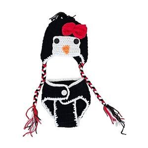 Penguin Photo Shoot or Halloween Outfit for Baby Black Red Knit Pants and Hat